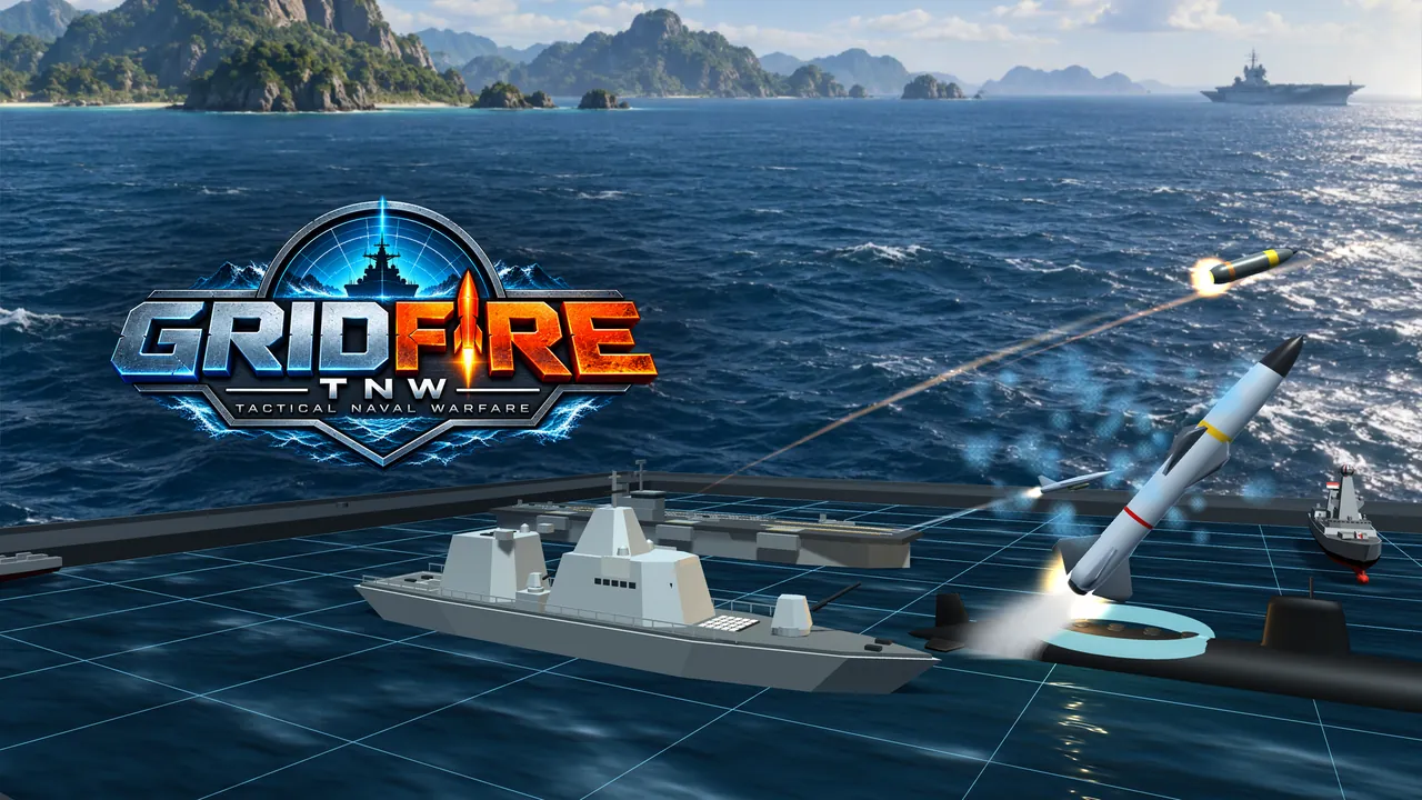 Gridfire cover: warships on a glowing targeting grid at sea while a missile launches