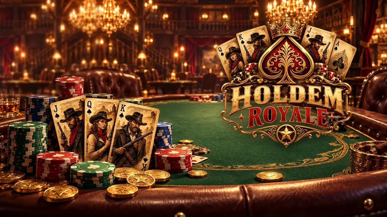 Holdem Royale cover: playing cards with gunslinger portraits and poker chips on a green felt table in a Wild West saloon